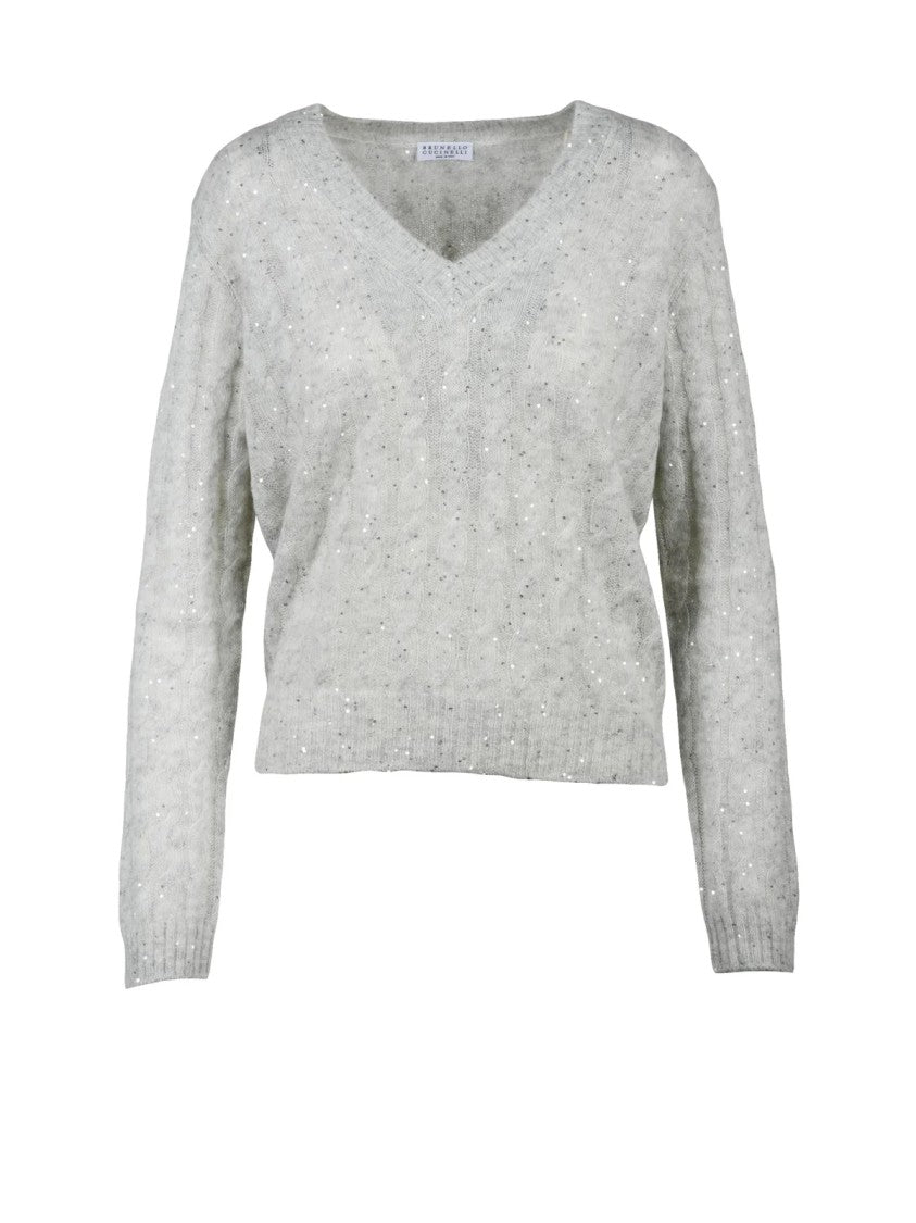 Brunello Cucinelli Grey Rhinestone Cable Knit Mohair-Blend V-Neck Sweater