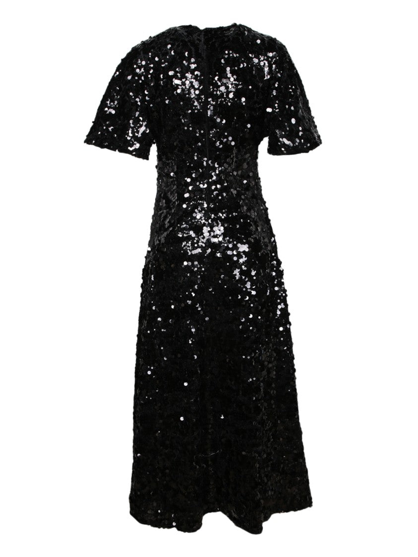 Ganni Sequined Black Midi Dress With Round Neckline