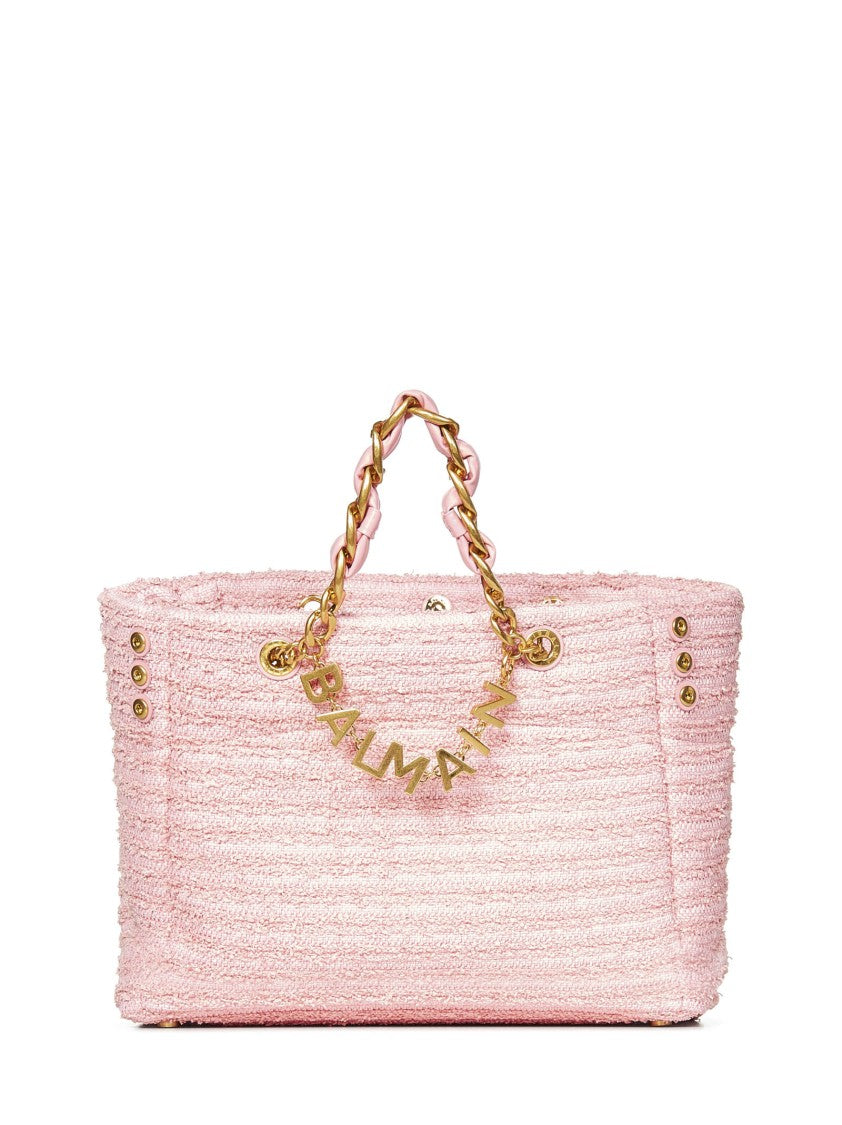 Balmain Soft Pink Tweed-Effect Raffia Shopper Bag