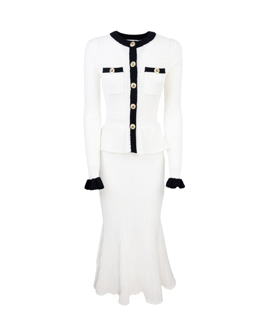 Self-Portrait White Pointelle Knit Contrast Midi Dress