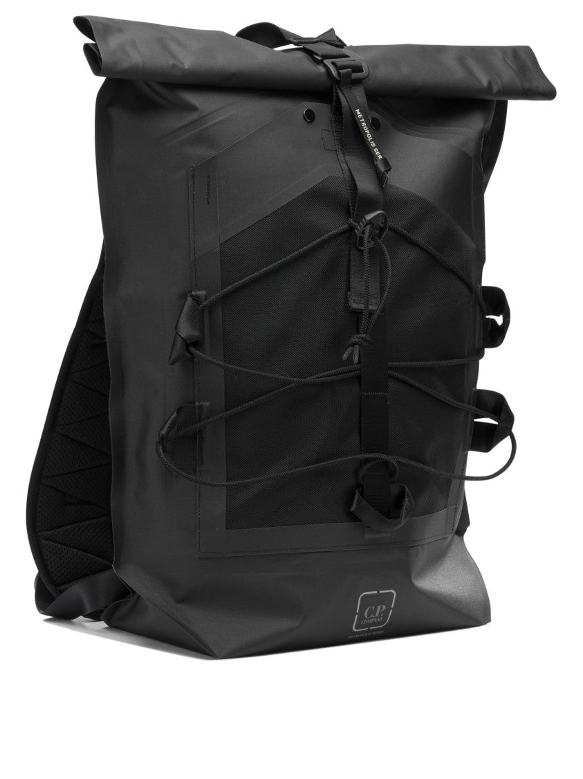 C.P. Company Black Polyamide Backpack With Roll-Top Closure And Elastic Cord