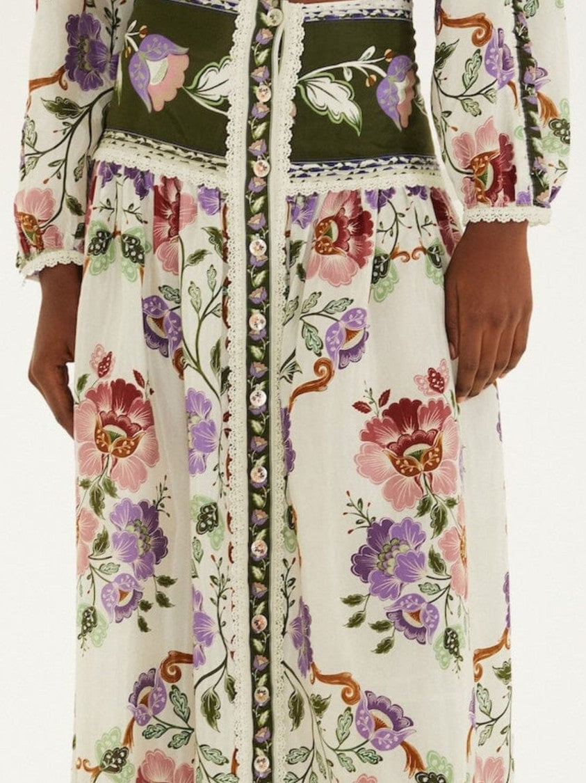 Farm Rio Multicolor Wide Floral-Trimmed Midi Skirt