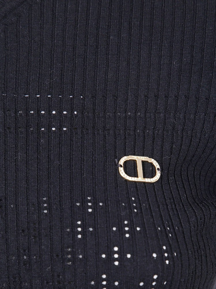 Twin-Set Fitted Ribbed Knitted Sweater With Metallic Logo