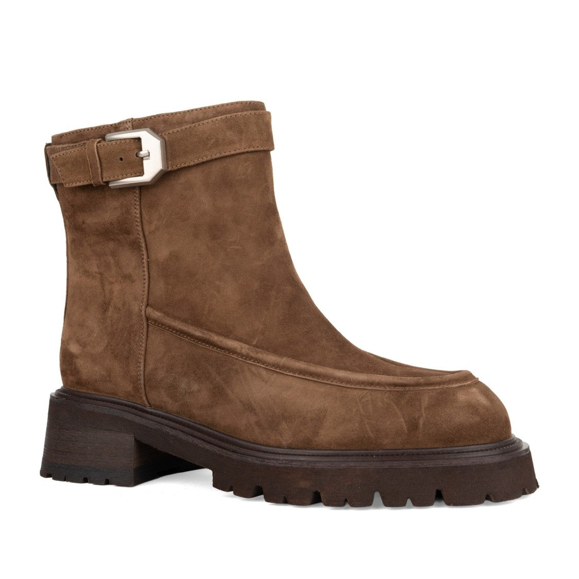 Linda Baumann Brown Decorative Buckle Chunky Sole Suede Boots