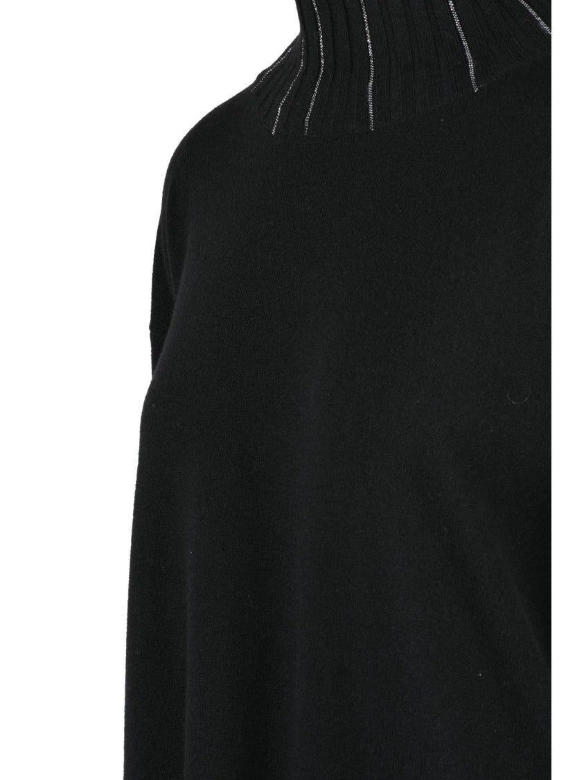 Fabiana Filippi Black Virgin Wool-Blend High-Neck Knit Midi Dress
