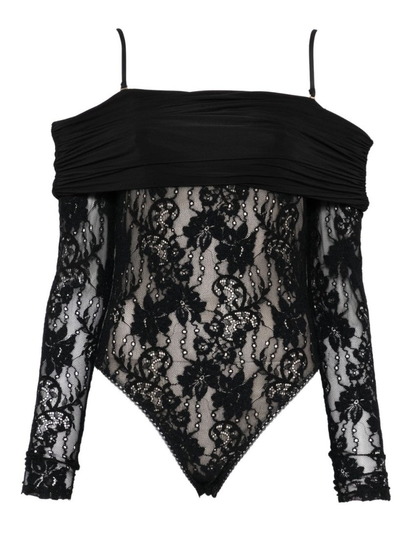 Zimmermann Off-Shoulder Sheer Lace Bodysuit With Floral Embellishments