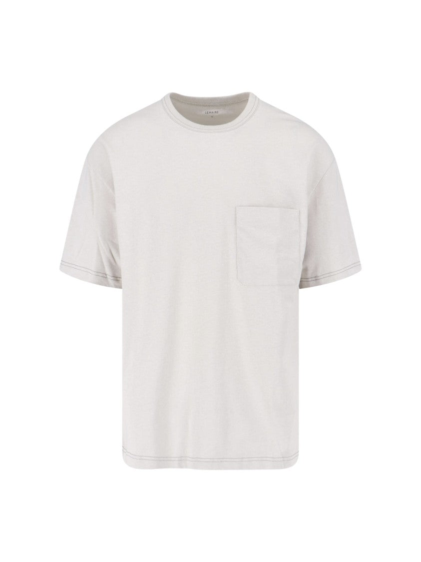 Lemaire Cream Cotton-Linen Contrast Stitching T-Shirt