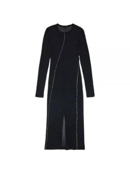 Helmut Lang Long-Sleeved Black Midi Dress With Front Slit And Contrasting Stitching