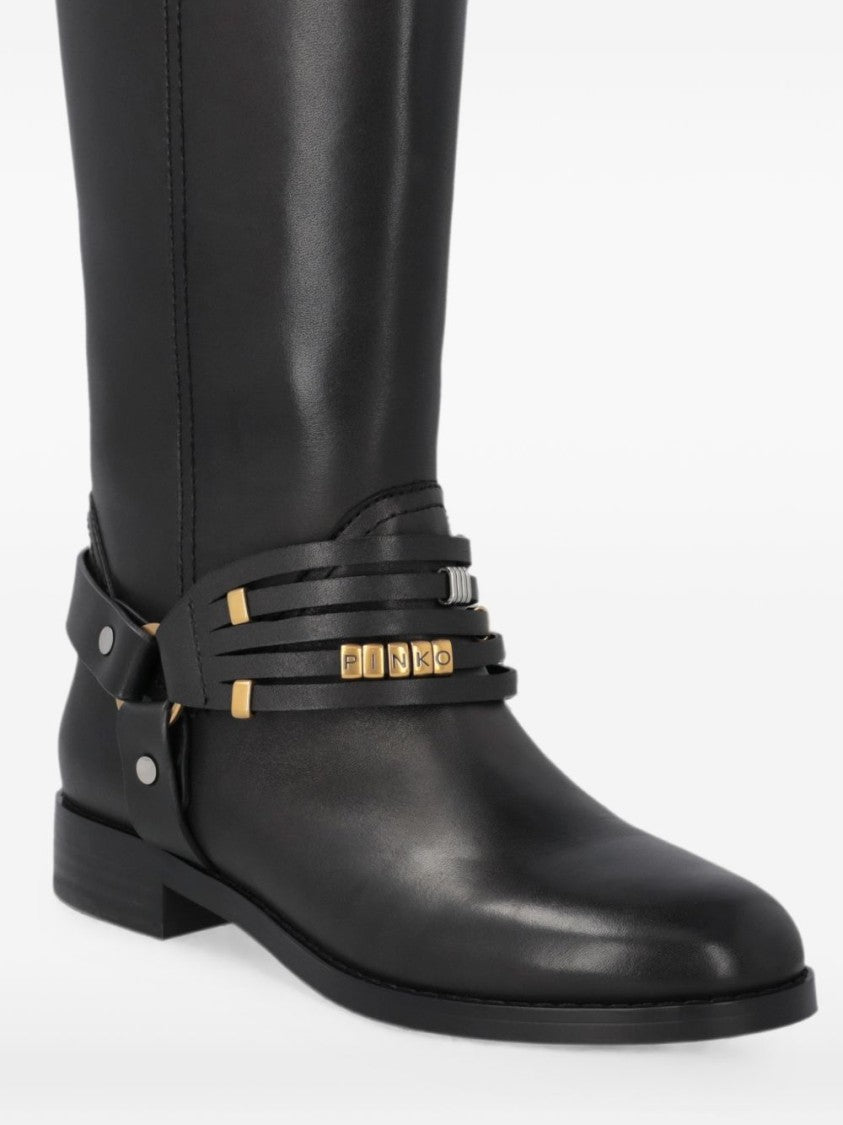 Pinko Black Mid-Calf Decorative Straps Boots