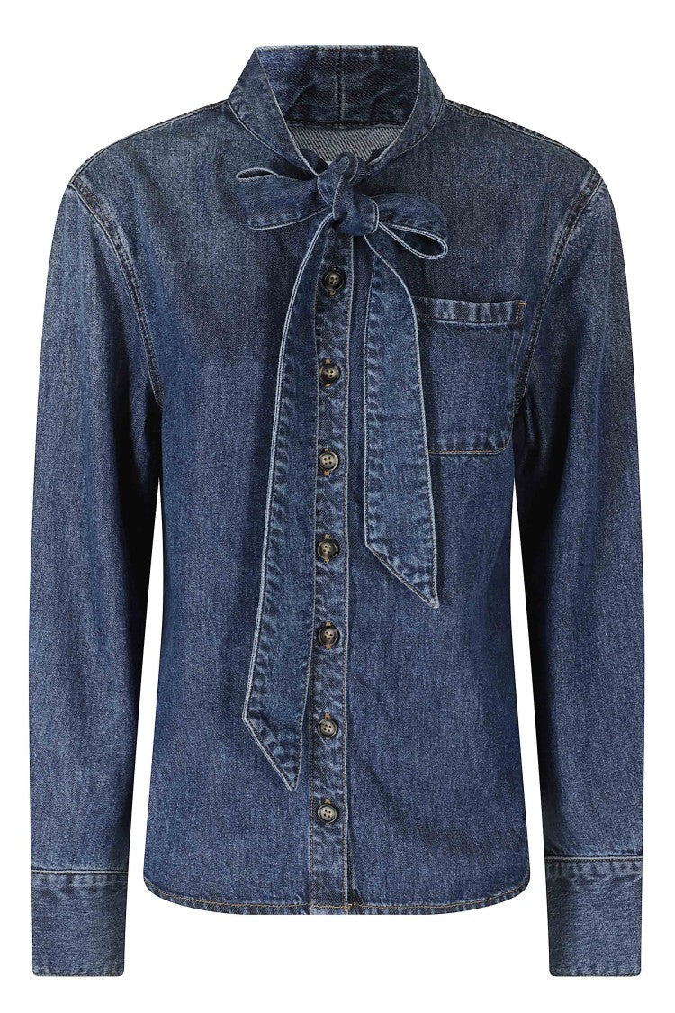 Self-Portrait Denim Lyocell Tie-Neck Casual Shirt