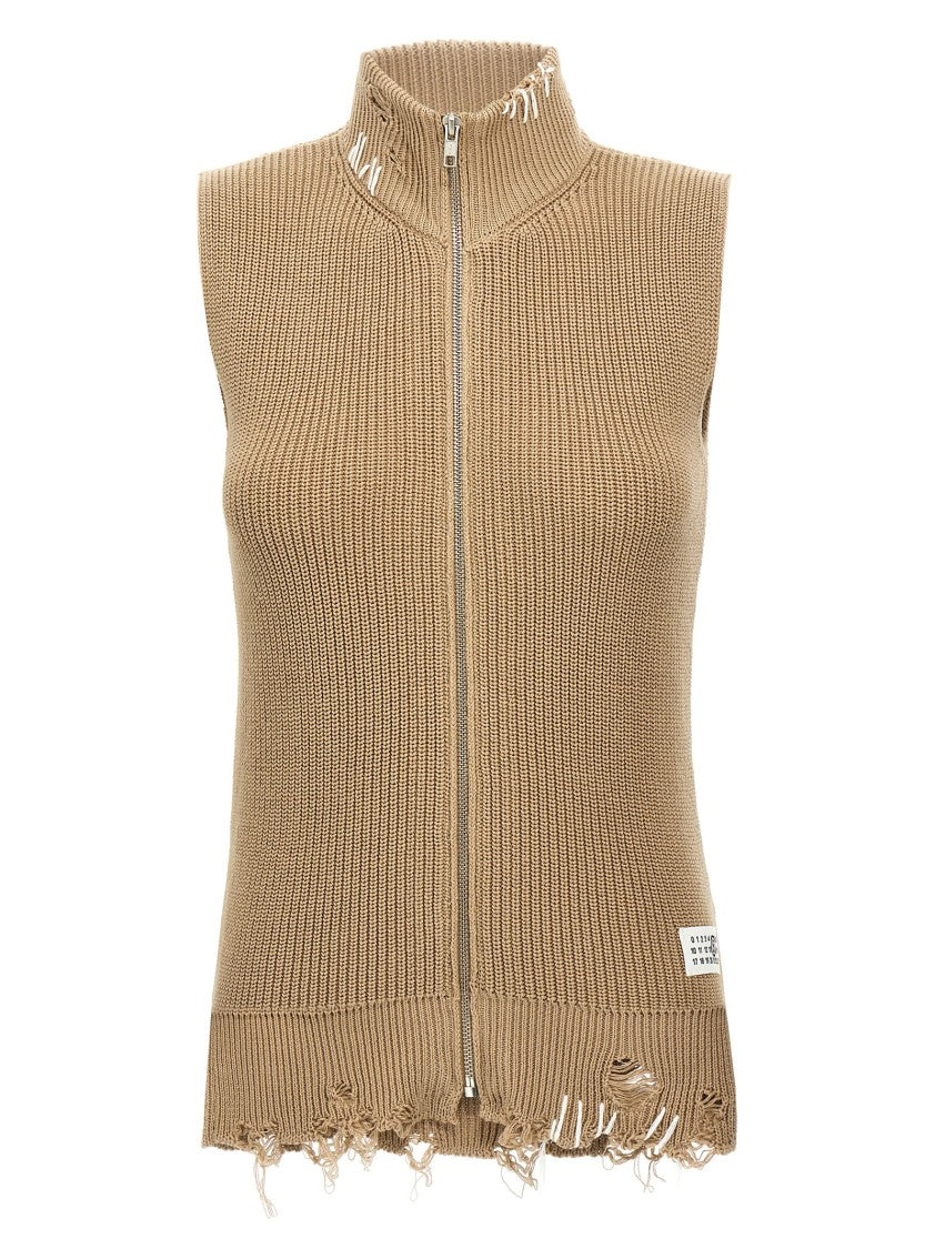 Mm6 By Maison Margiela Destroyed Cotton Knit Vest With High Neck