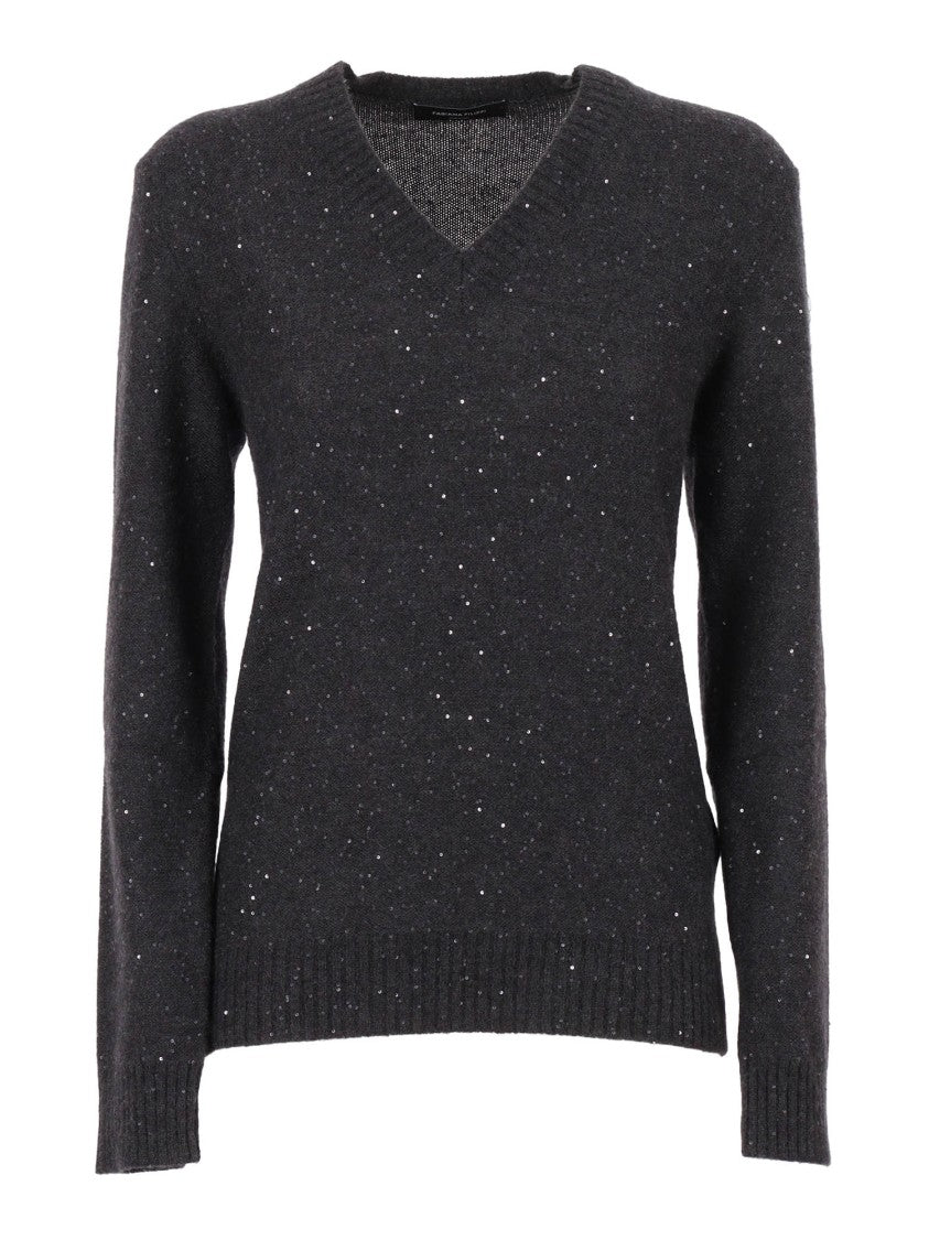 Fabiana Filippi Long-Sleeved V-Neck Knit Sweater With Iridescent Sequins