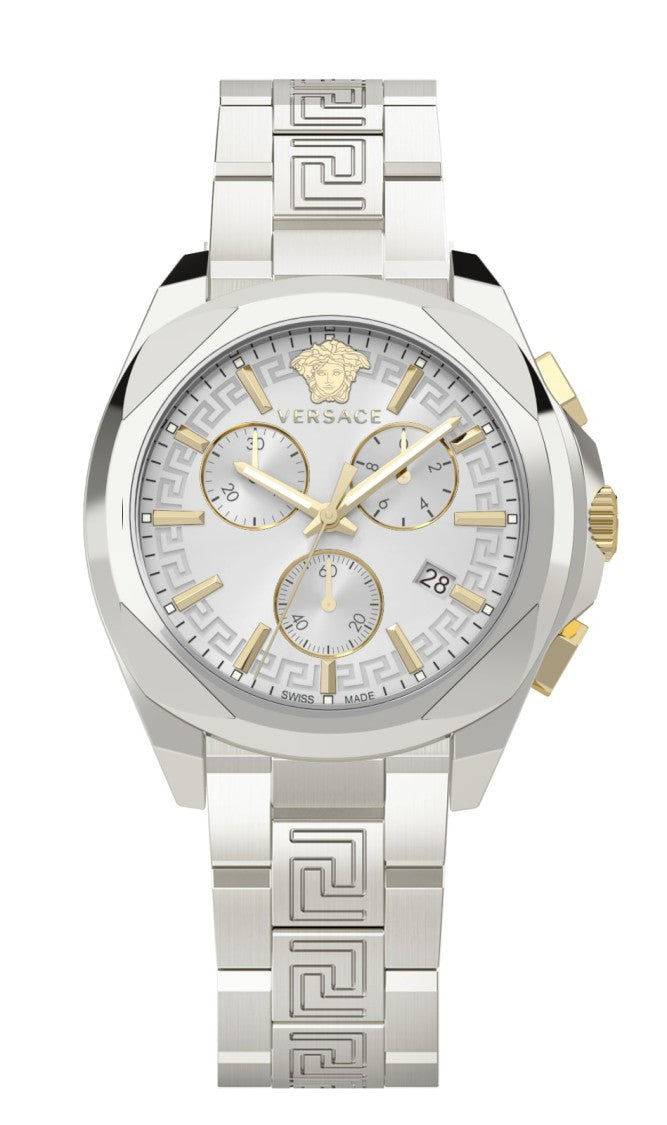 Versace Chronograph Watch With Greek Key Design And Medusa Emblem