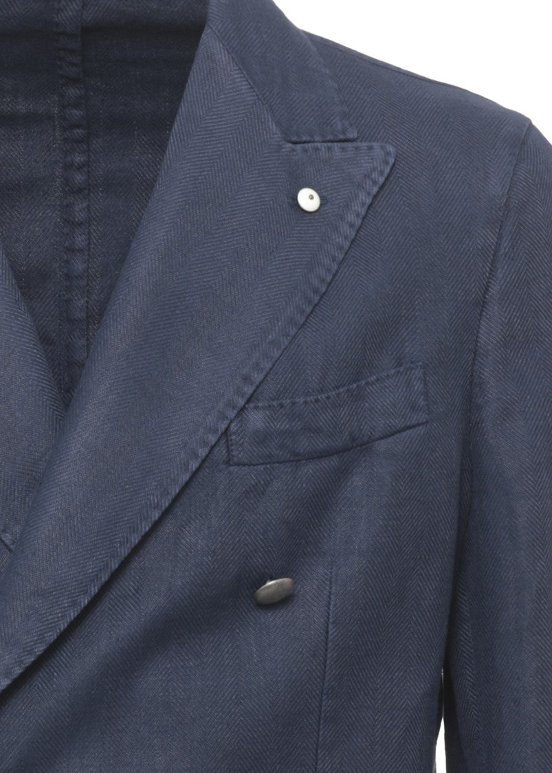 Lubiam Blue Herringbone Double-Breasted Blazer