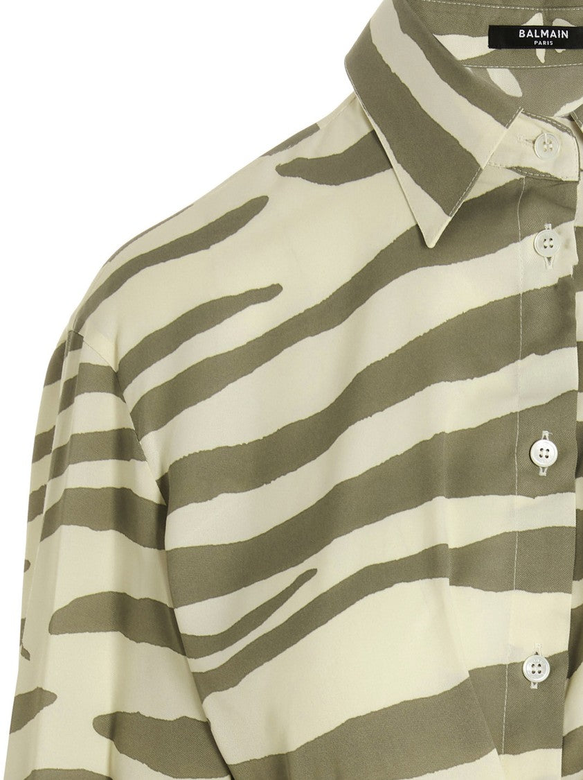 Balmain All-Over Zebra Print Viscose Blend Shirt With Draped Tie Belt