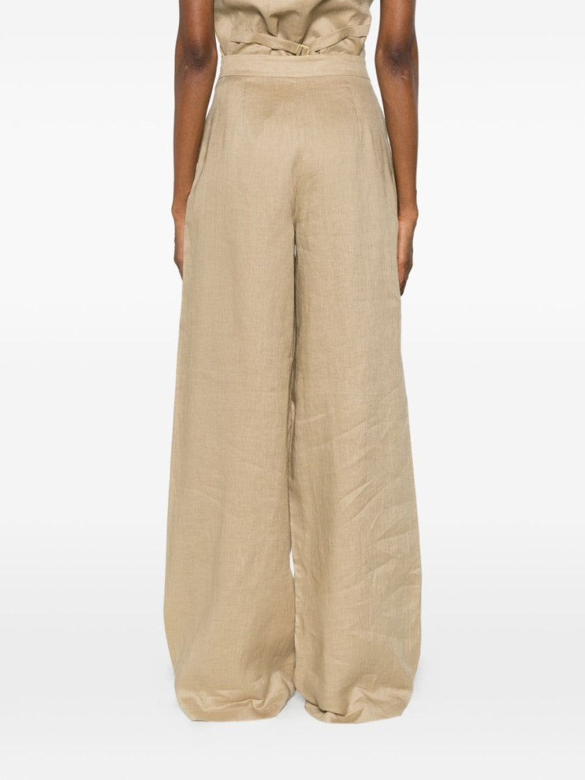 Max Mara Beige Belt Loops Linen Wide-Leg Pants