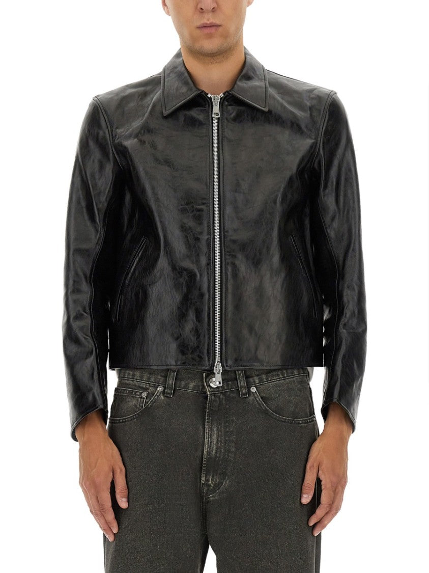 Our Legacy Cropped Black Leather Jacket With Classic Collar