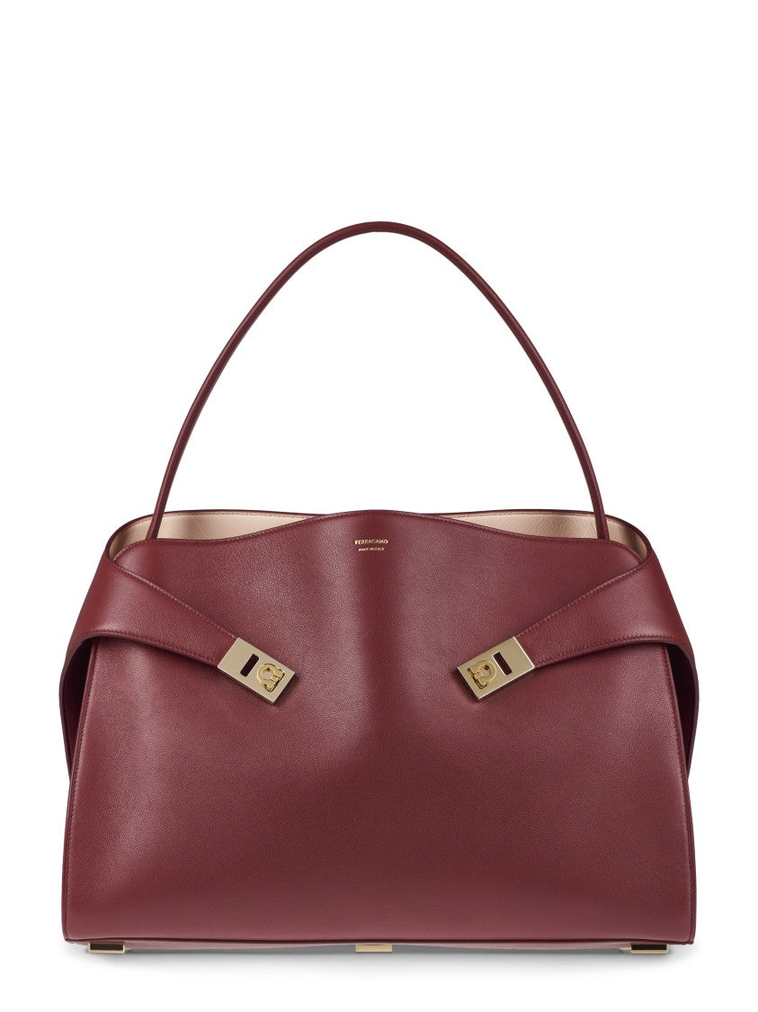 Ferragamo Burgundy Structured Bag With Gold-Tone Hardware