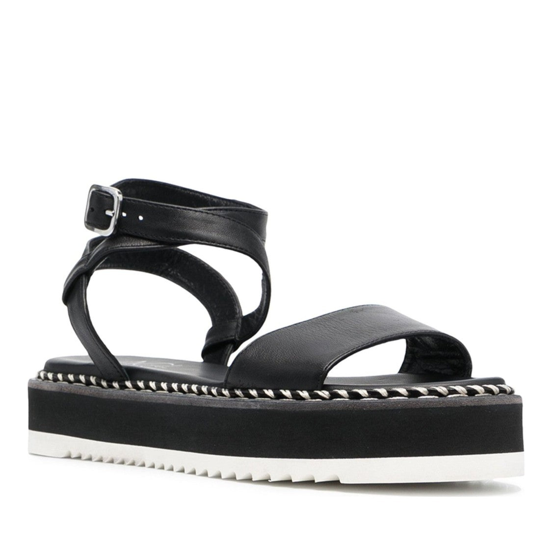 Agl Black Myrte Leather Braided Trim Sandals