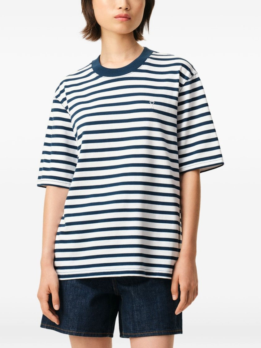 Ami Paris Blue/White Cotton Striped Embroidered T-Shirt