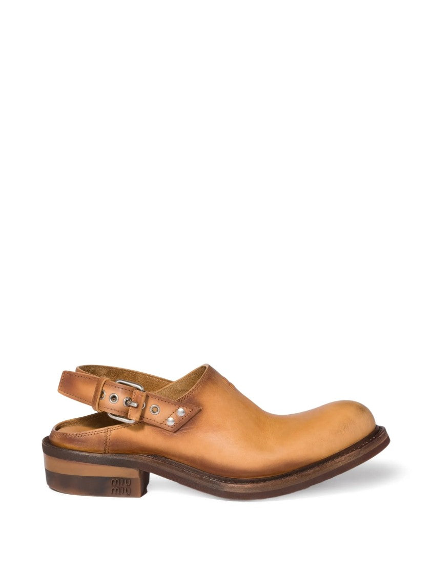 Miu Miu Tan Sabot Smooth Leather Buckle Shoes
