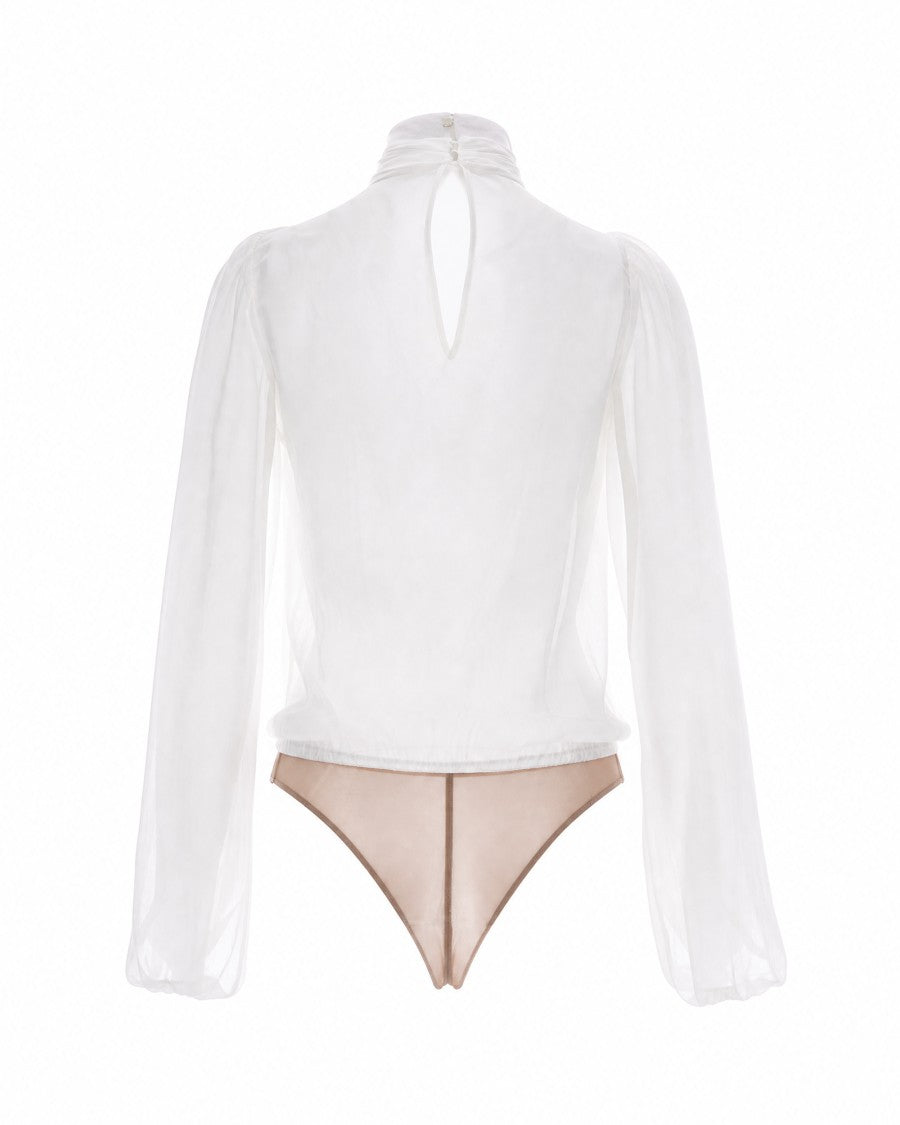 Elisabetta Franchi Ivory Georgette Bodysuit With Statement Jewel Detail