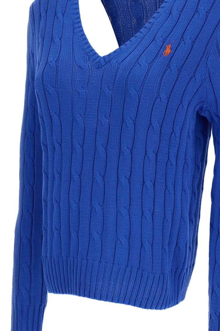 Polo Ralph Lauren V-Neck Cable Knit Sweater With Ribbed Cuffs And Signature Embroidery