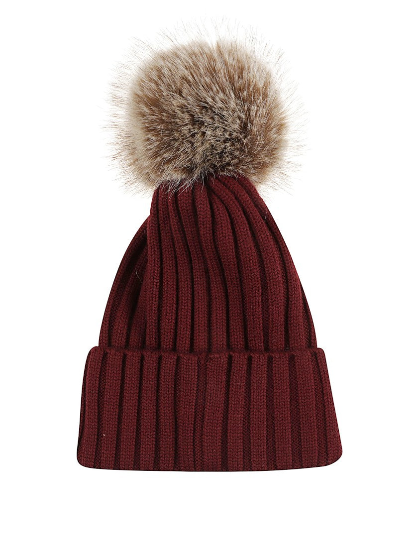 Moncler Ribbed Knit Wool Hat With Faux Fur Pompom
