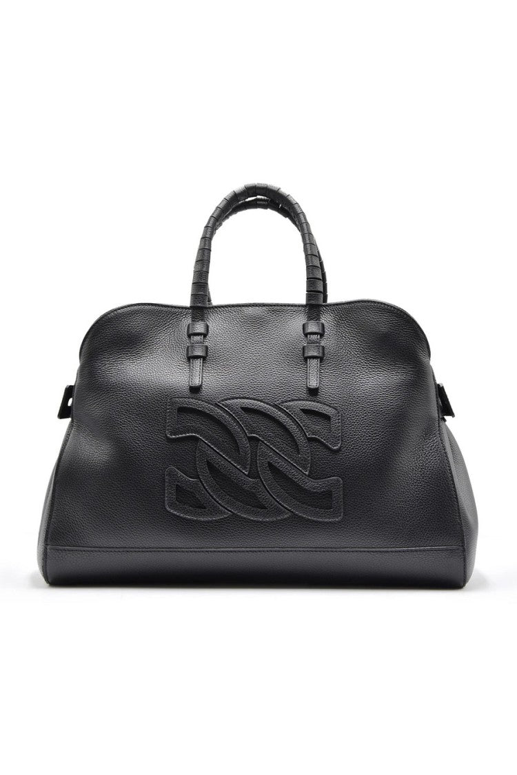 Casadei Black Embossed Logo Dual Top Handle Calf Leather Shoulder Bag