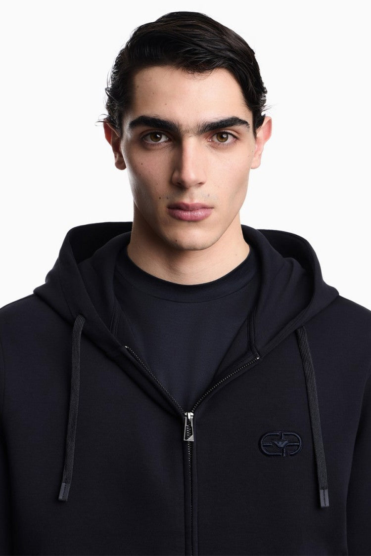 Emporio Armani Blue Cotton-Polyester Zip-Up Hoodie