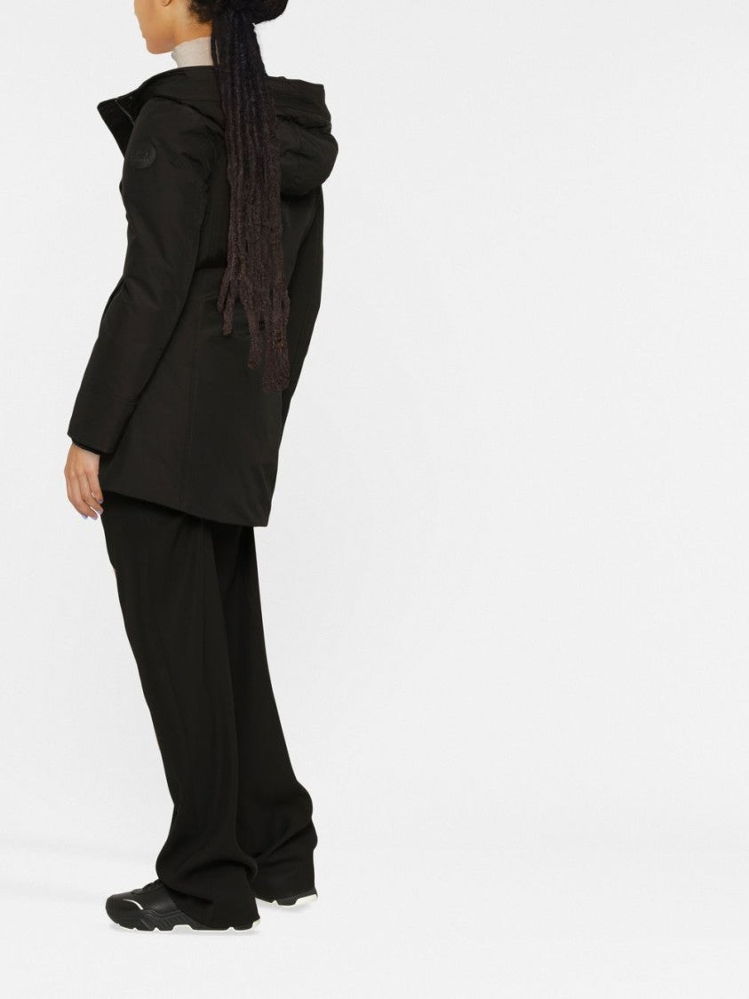 Woolrich Thigh-Length Black Coat With Classic Hood And Logo Patch