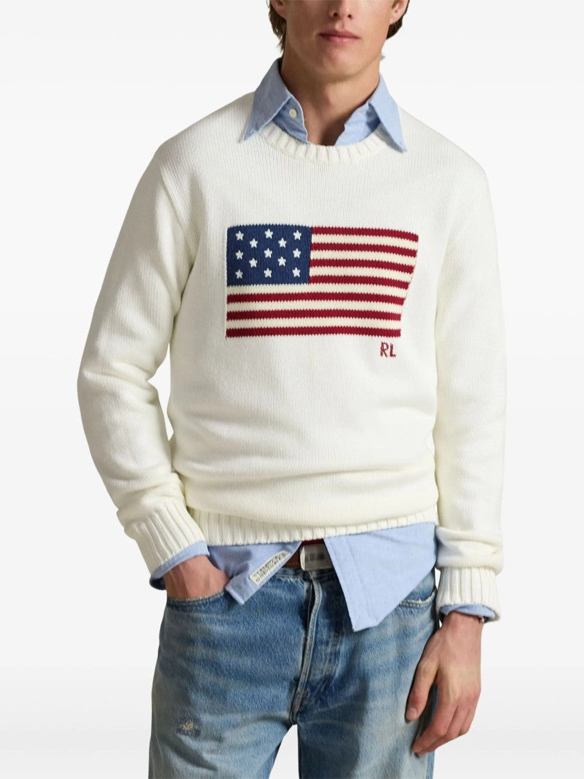 Polo Ralph Lauren Off-White Pullover Flag Motif Cotton Pullover