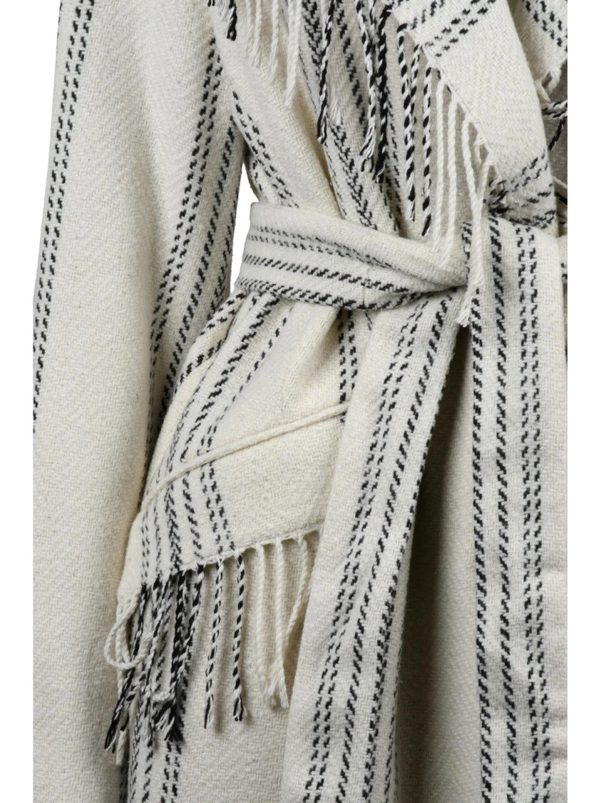 Twin-Set Fringe-Detail White Twinset Coat With Belted Closure