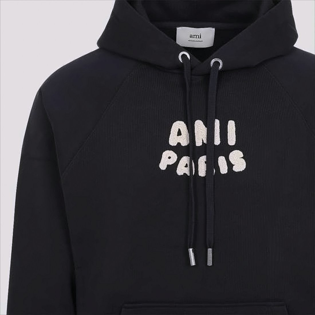 Ami Paris Textured Logo Black Hoodie With Drawstring