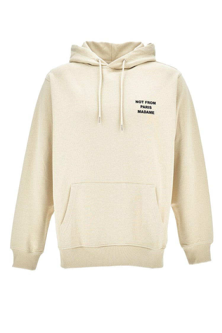 Drôle De Monsieur Oversized Beige Drawstring Hoodie With Front Slogan And Embroidered Back