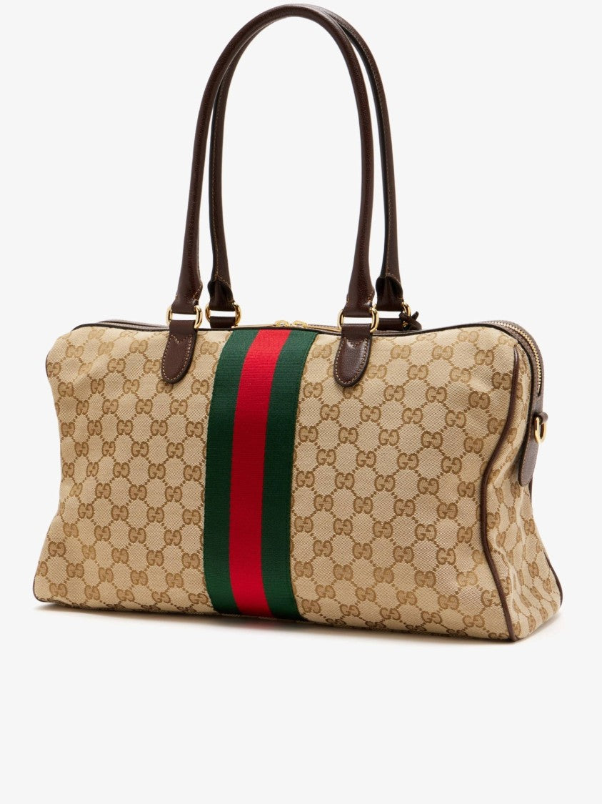 Gucci Beige Monogram Canvas Horsebit Handbag With Elegant Stripe Detail