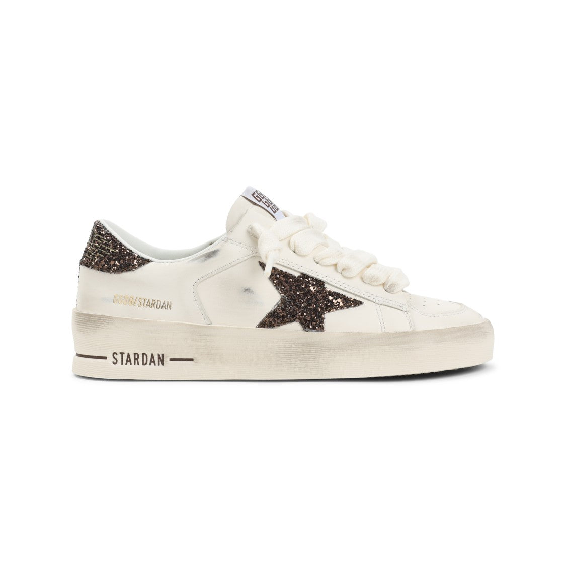 Golden Goose Distressed White Leather Sneakers With Glitter Accents