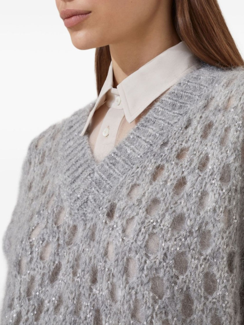 Brunello Cucinelli Open-Knit Short Sleeve Sweater With V-Neckline