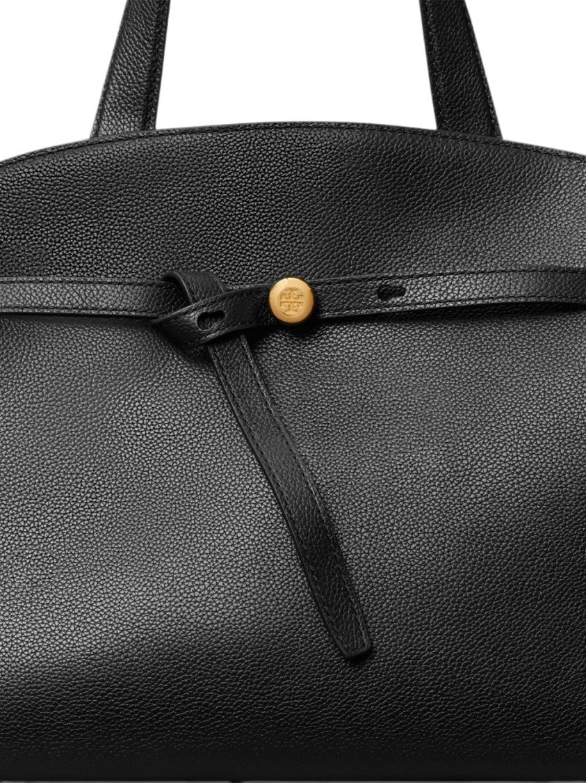 Tory Burch Trapezoidal Black Leather Handbag With Gold-Tone Detailing
