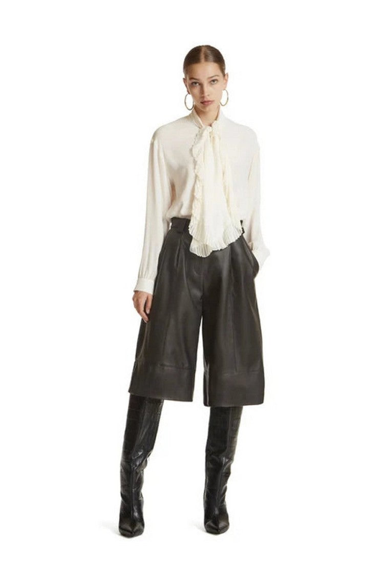 Simona Corsellini Ivory Viscose-Silk Blend Ruffled Tie-Neck Blouse