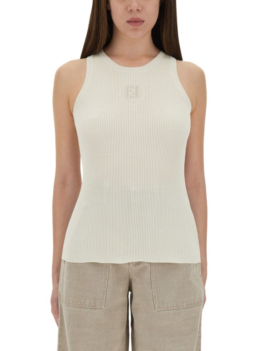 Fendi Fitted Ribbed Cotton Tank Top With Central Logo