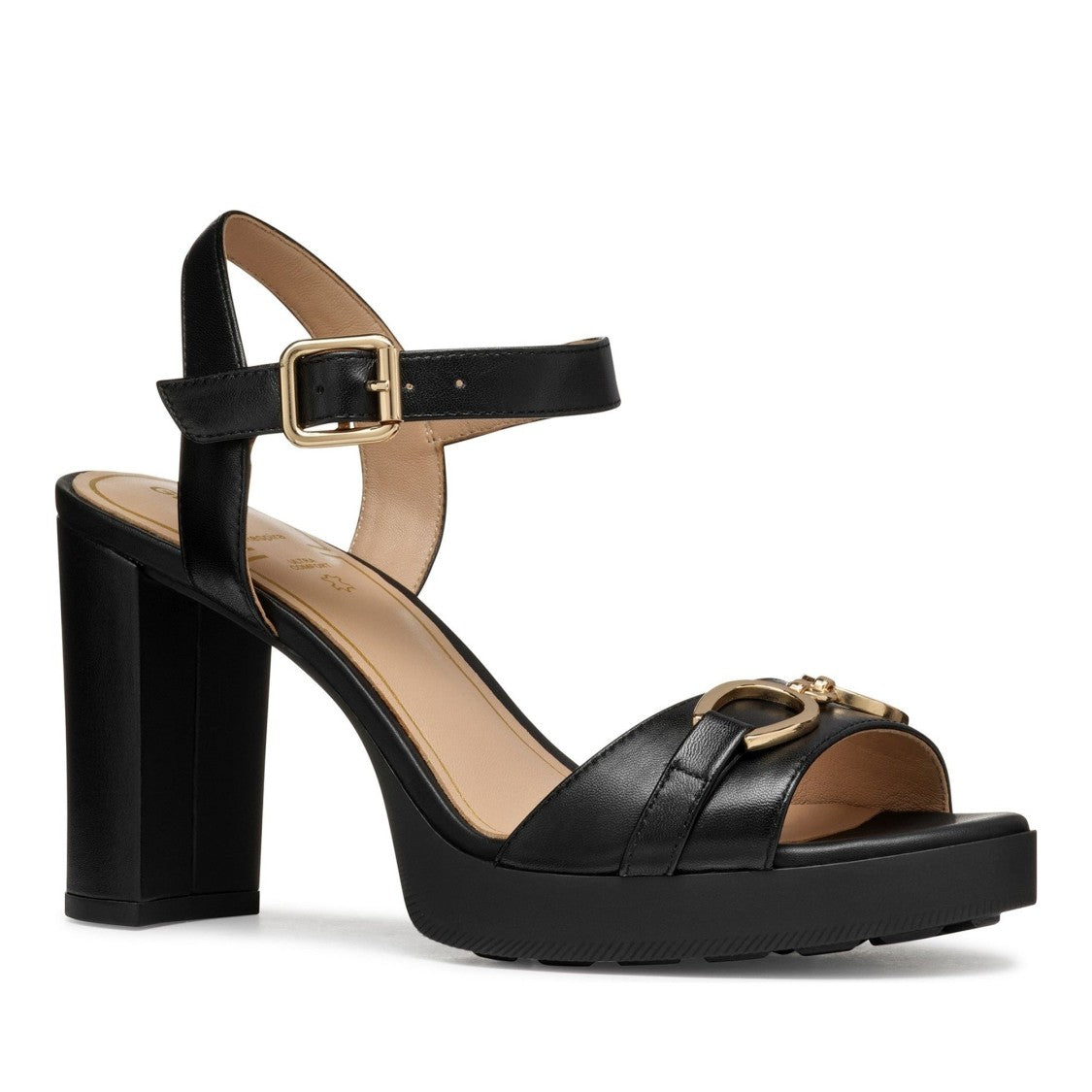 Geox Walk Pleasure Black Block Heel Leather Sandals