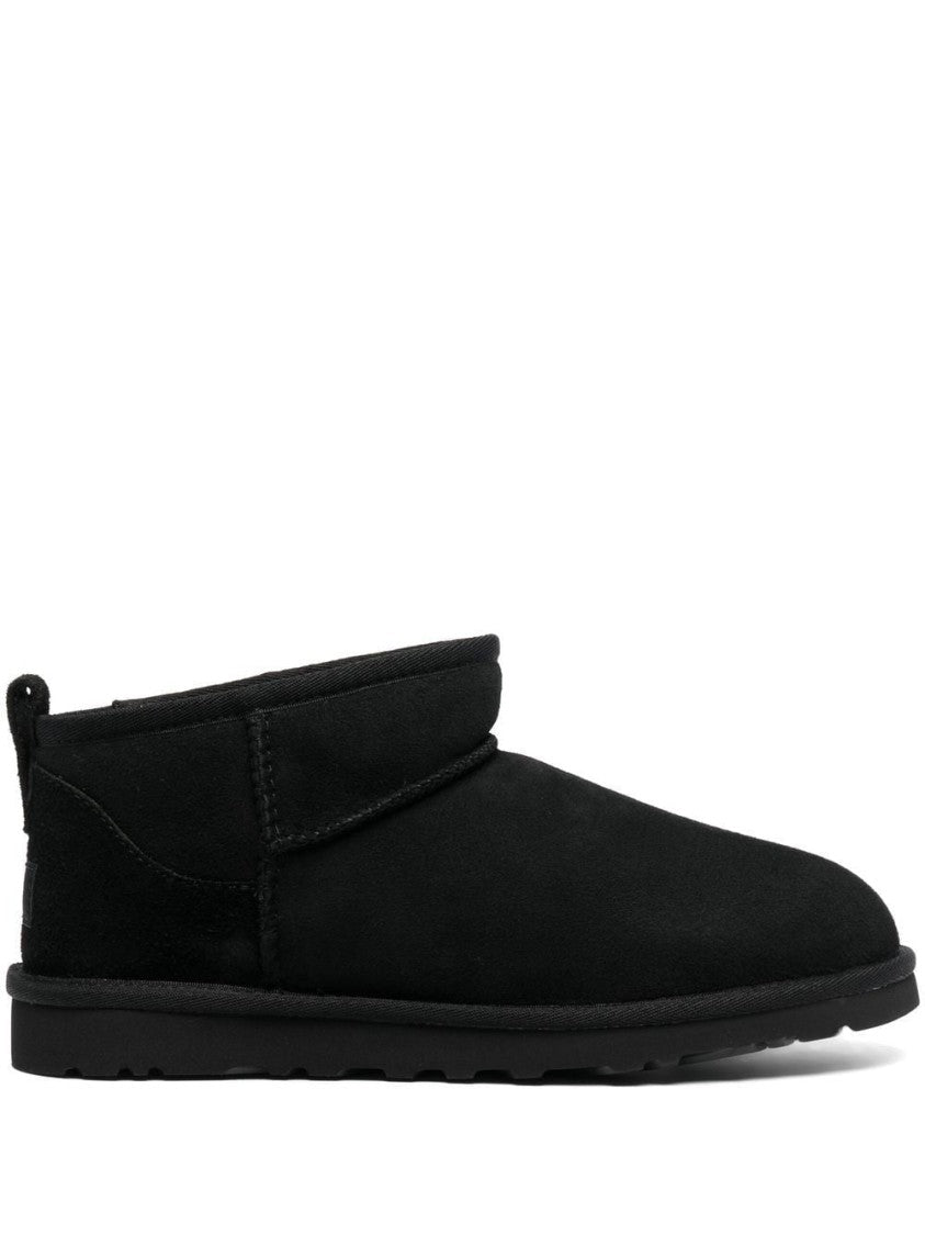 Ugg Black Classic Ultra Mini Plush Lined Leather Ankle Boots