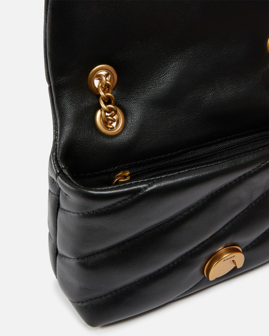 Pinko Quilted Black Leather Shoulder Bag With Antique Gold Clasp