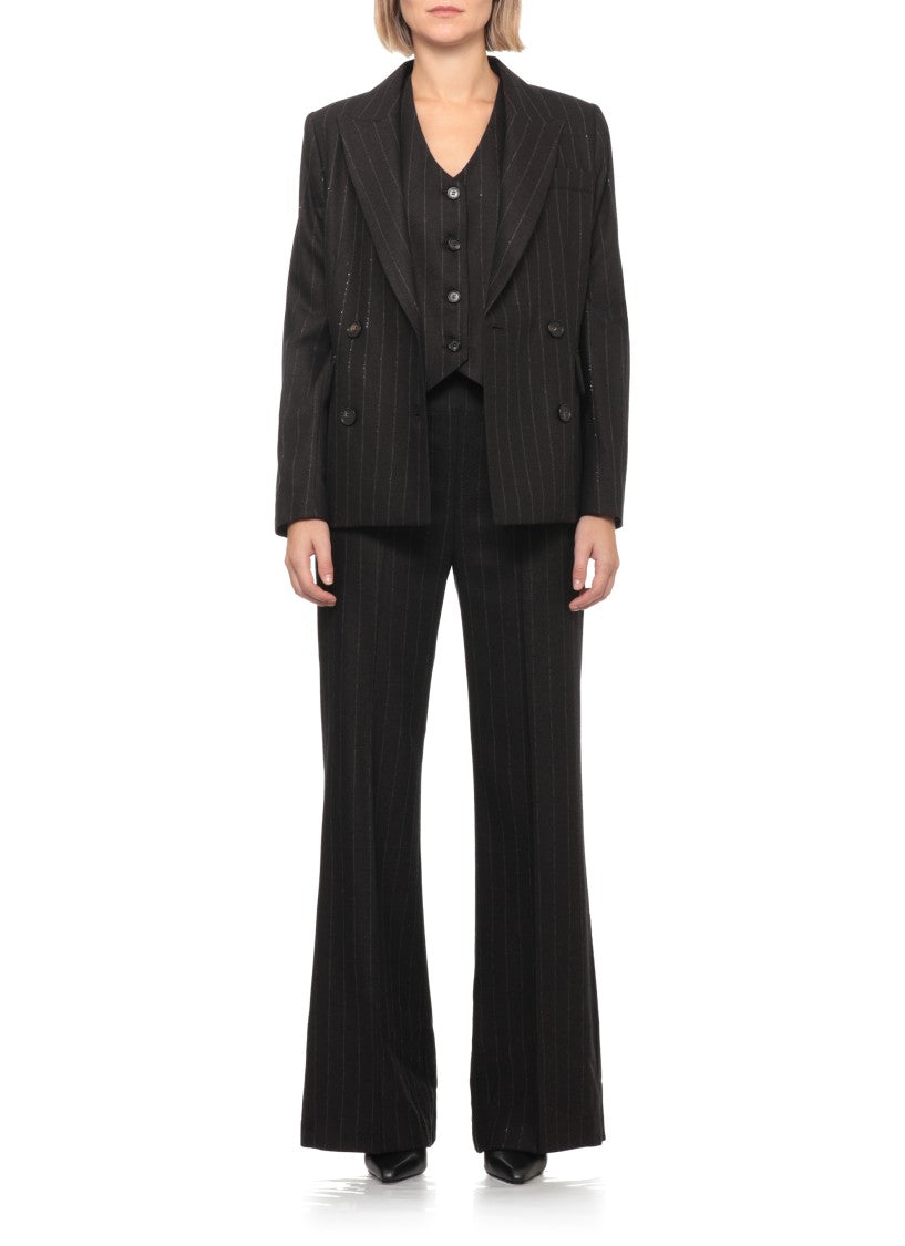D. Exterior Brown Pinstriped Sequin Wool Double-Breasted Blazer