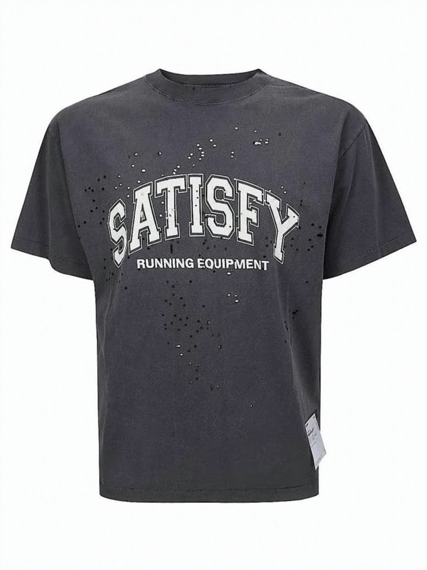 Satisfy Distressed Black Printed T-Shirt With Collegiate Text