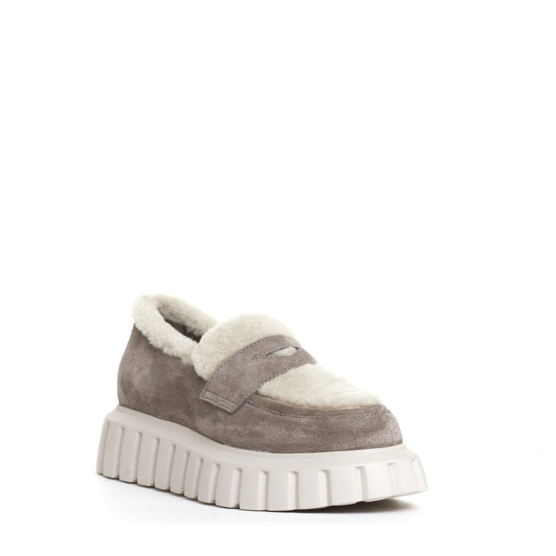 Voile Blanche Taupe Suede Moccasin With Eco-Fur Accents