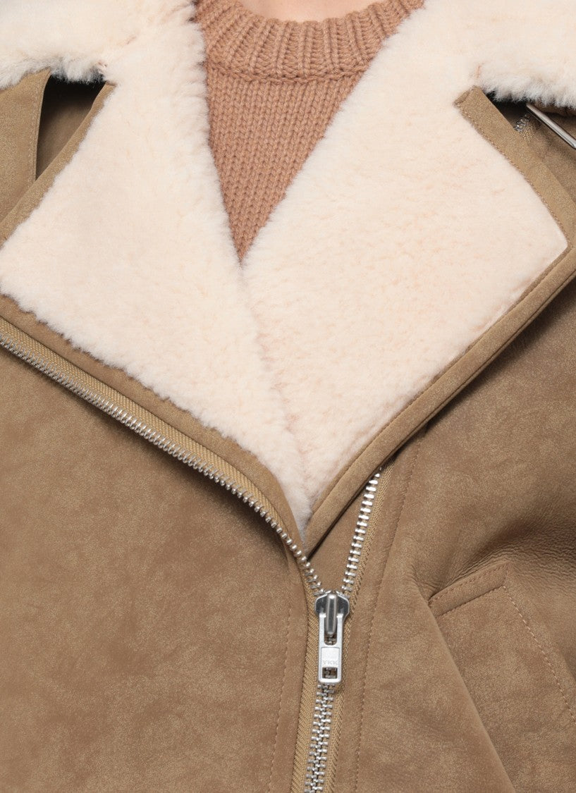 Stand Studio Asymmetrical Zip Brown Jacket With Plush Faux Fur Collar