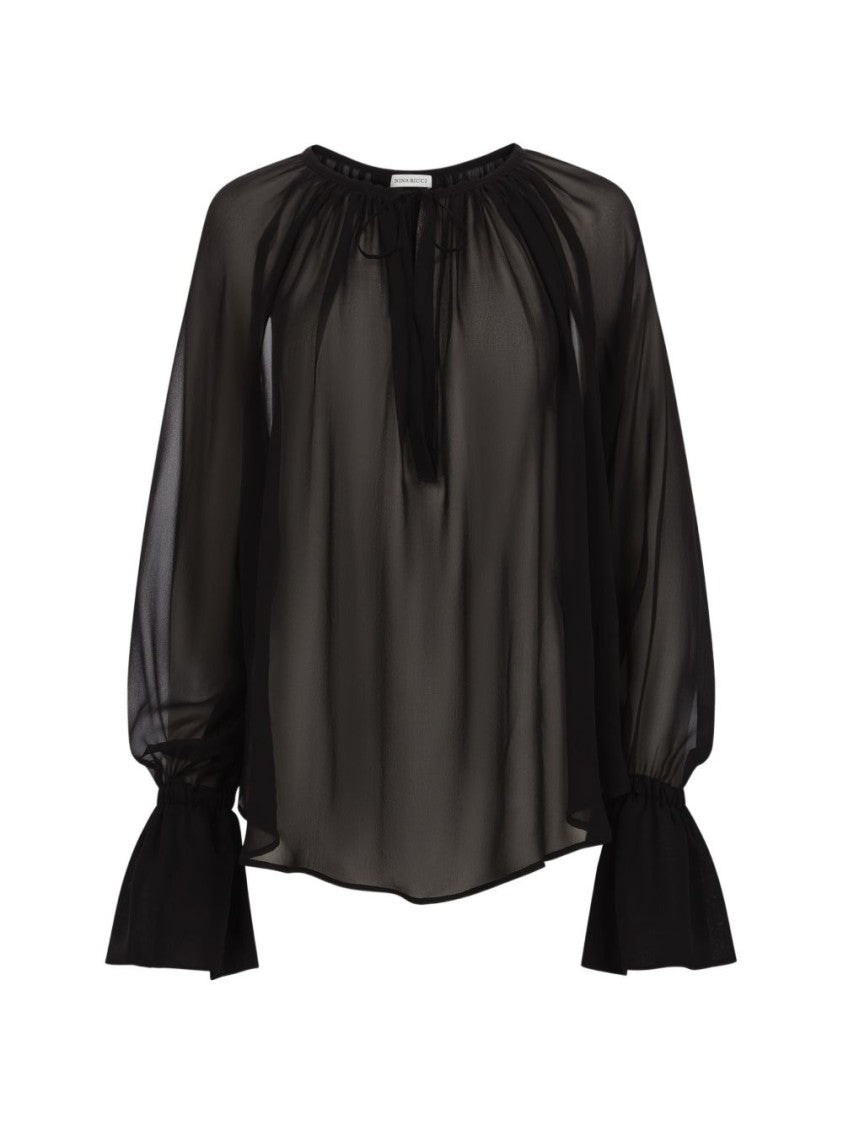 Nina Ricci Sheer Black Blouse With Voluminous Sleeves And Tie Detail