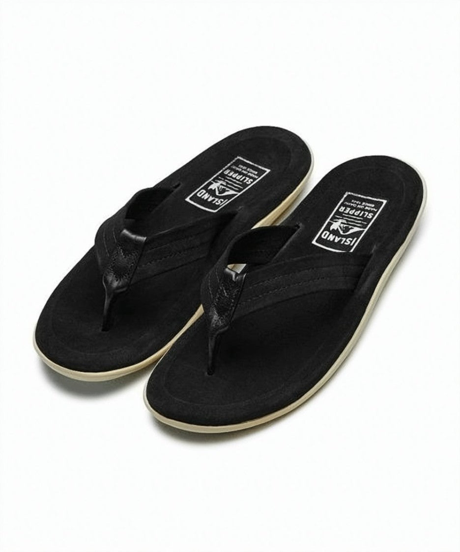 Island Slipper Black Suede Slip-On Sandal With Thong Strap Design